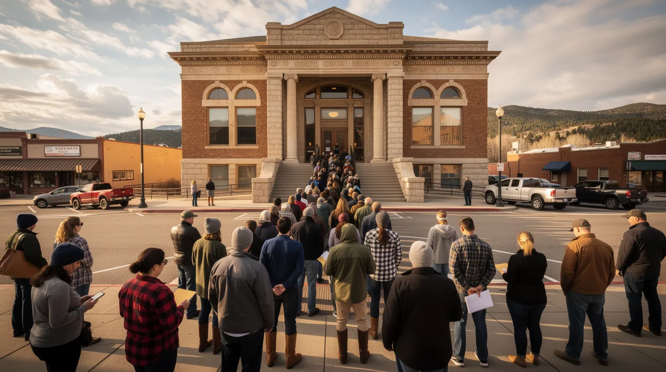 People lined up outside a Montana courthouse